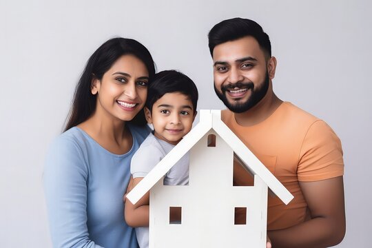 Happy family holding a model house